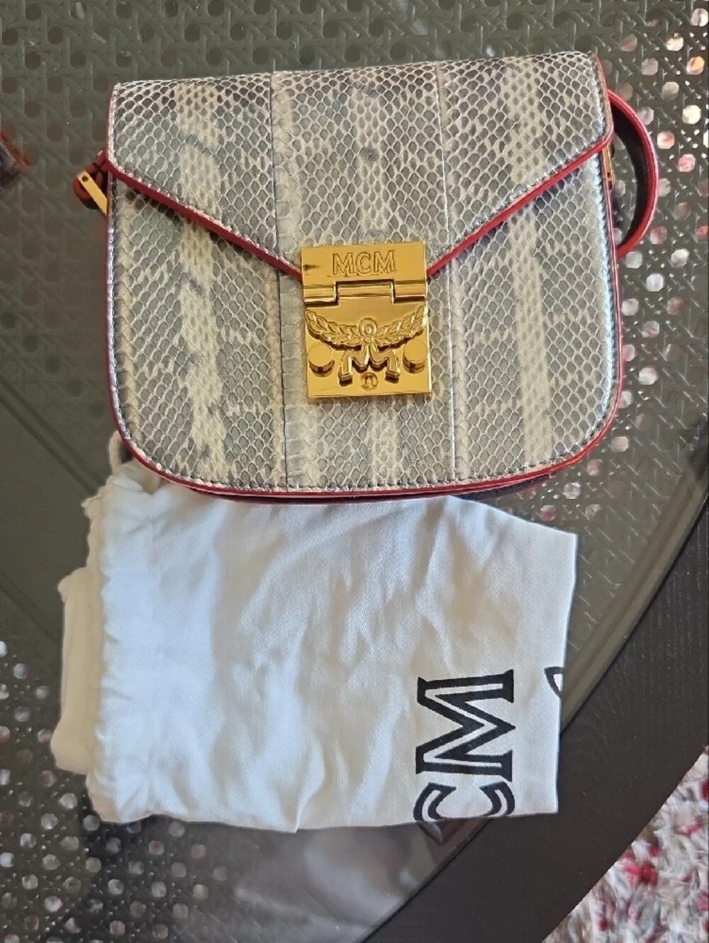 MCM Cream Python-Print Leather Crossbody with Gold Hardware & Dustbag